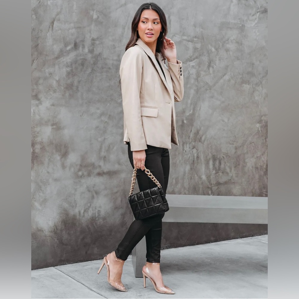Big City Dreams Faux Leather Pocketed Blazer - Light Taupe - XL
